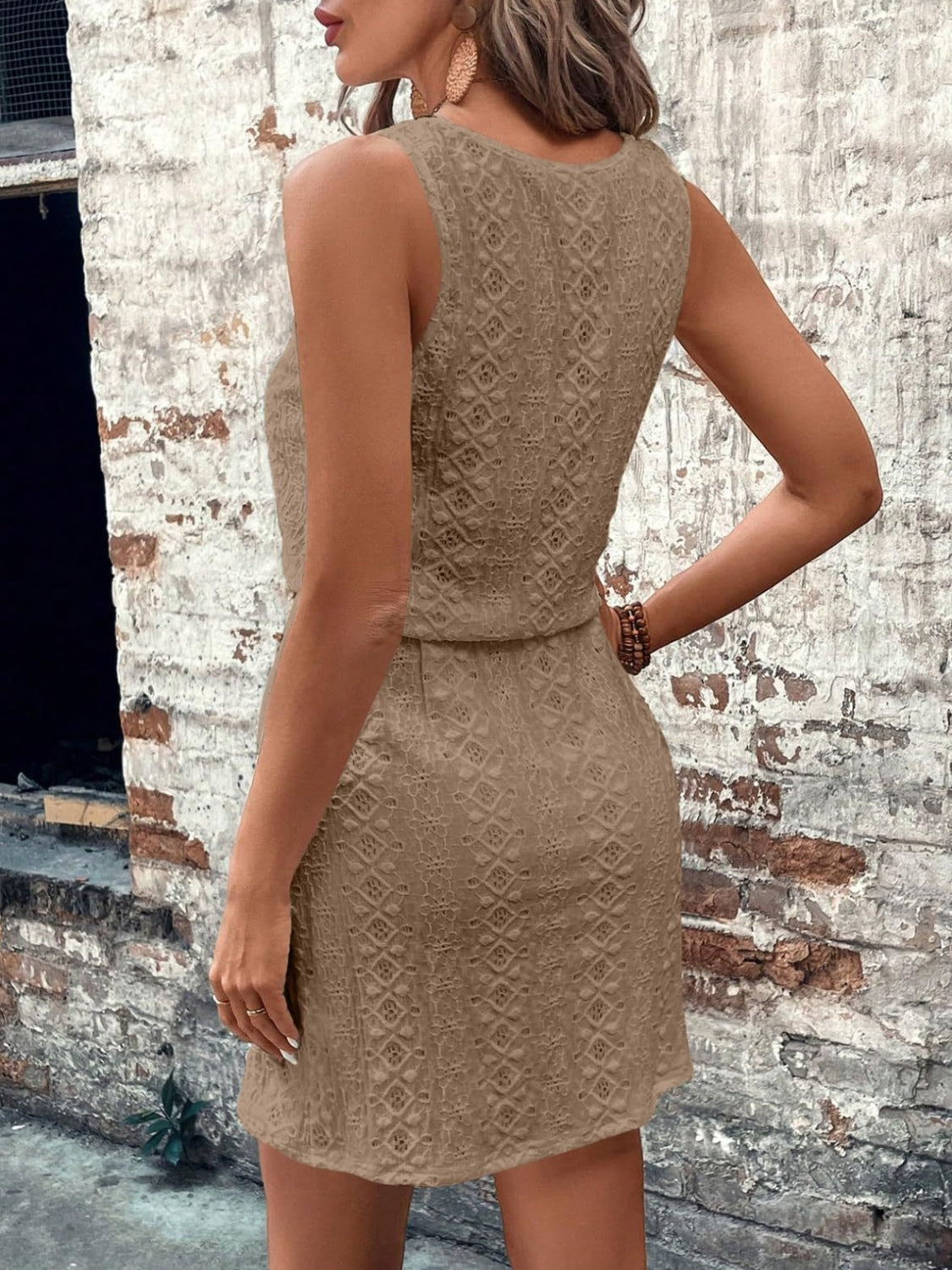 Eyelet Drawstring Round Neck Sleeveless Dress - Classique Collection