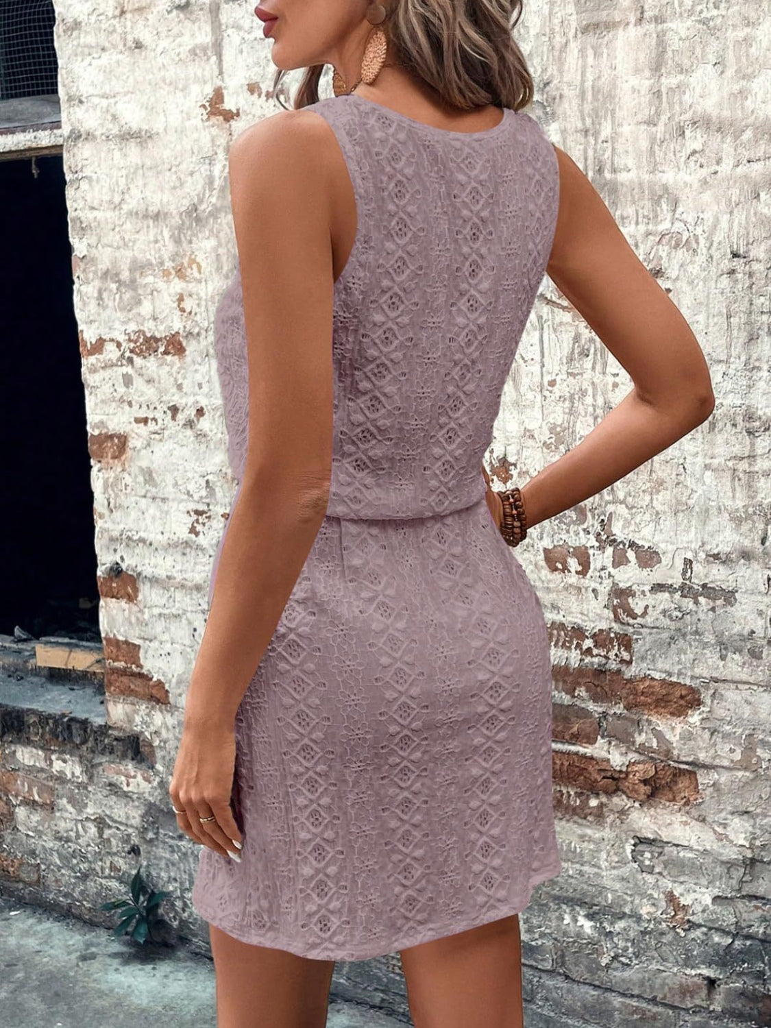 Eyelet Drawstring Round Neck Sleeveless Dress - Classique Collection