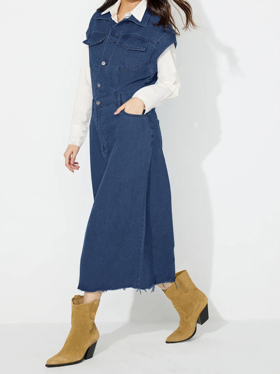 Slit Half Button Collared Neck Cap Sleeve Denim Dress - Classique Collection