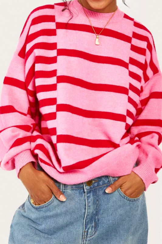 Striped Round Neck Dropped Shoulder Sweater - ClassiQ