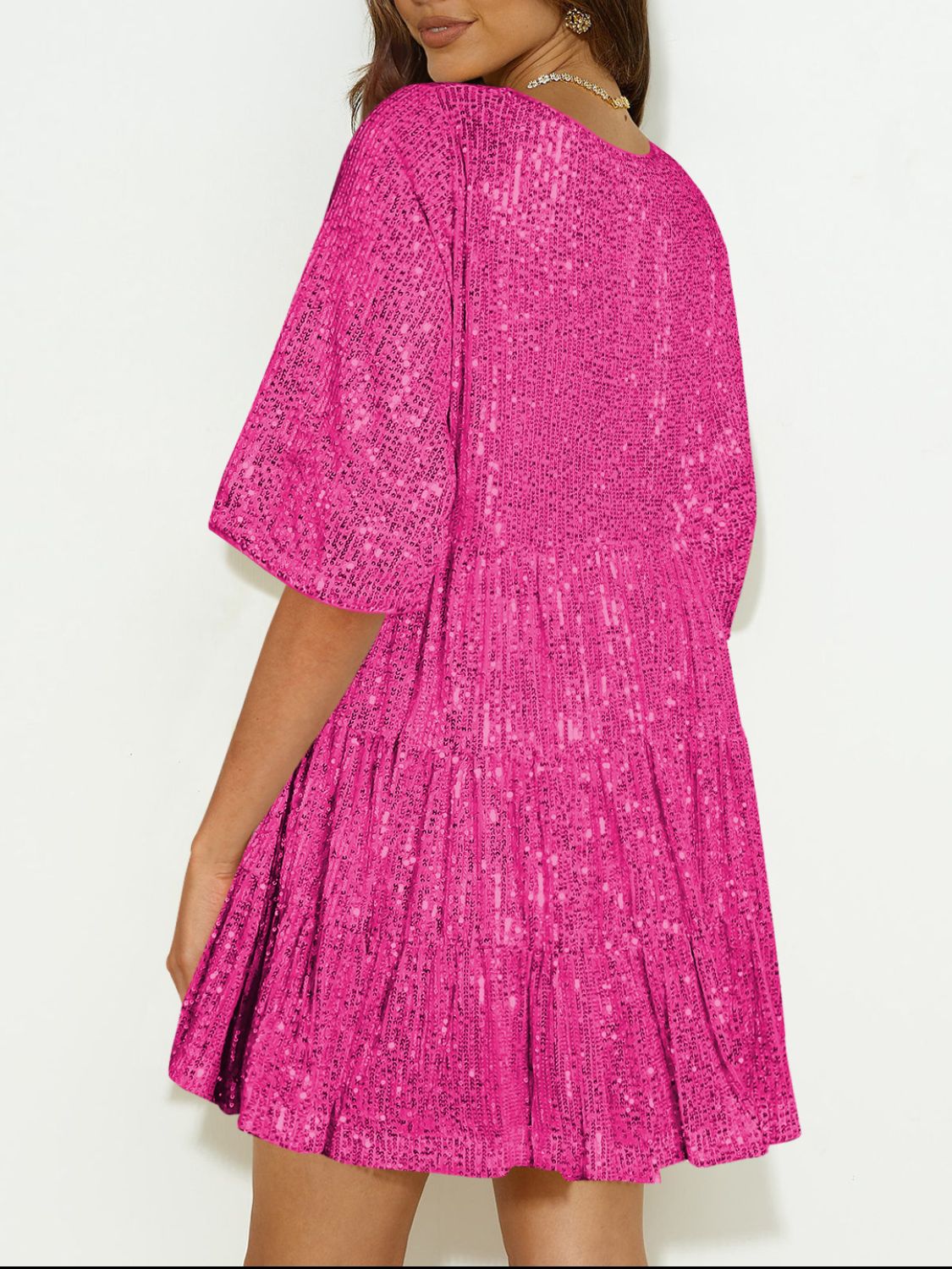 Sequin Round Neck Half Sleeve Mini Dress - Classique Collection