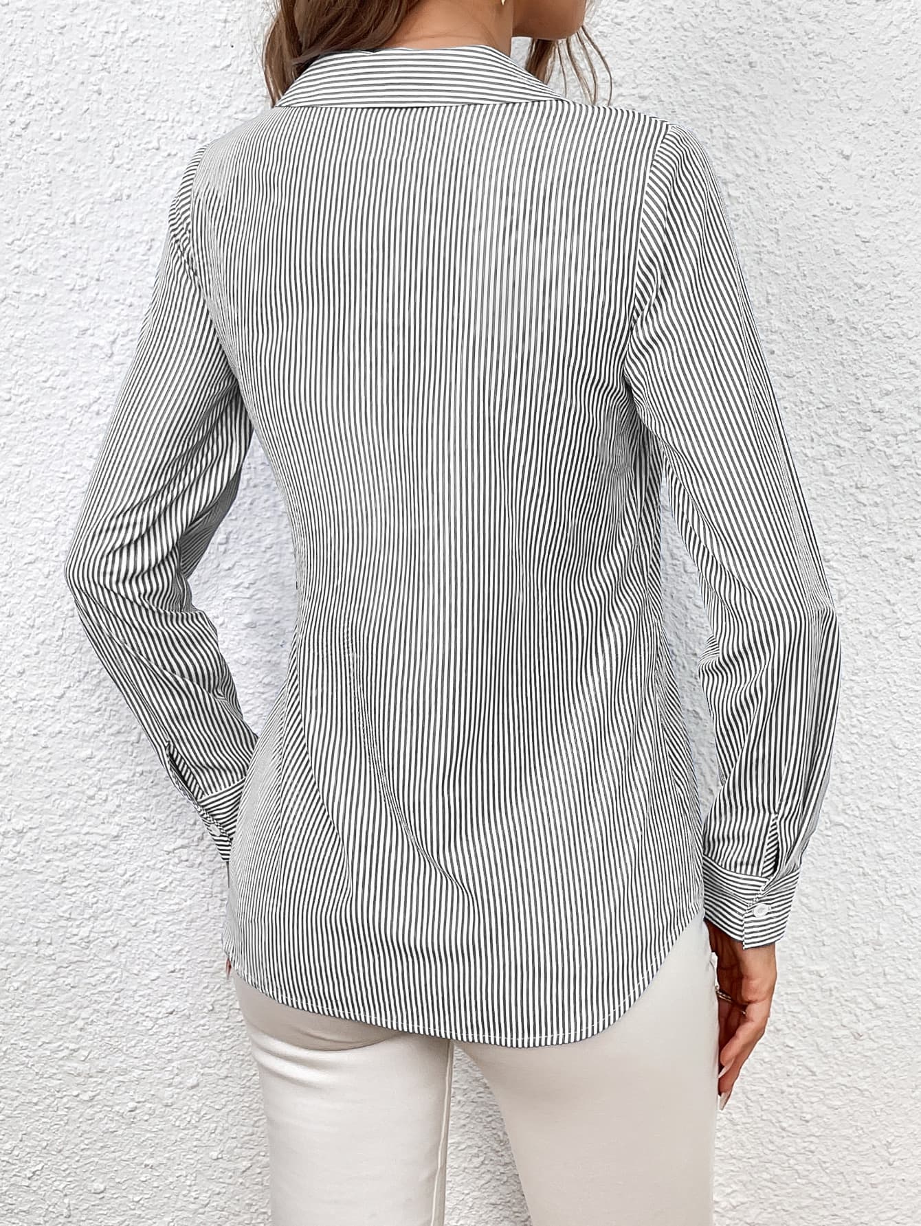 Ivy Lane Bow Tie Waist Johnny Collar Neck Striped Blouse - Classique Collection