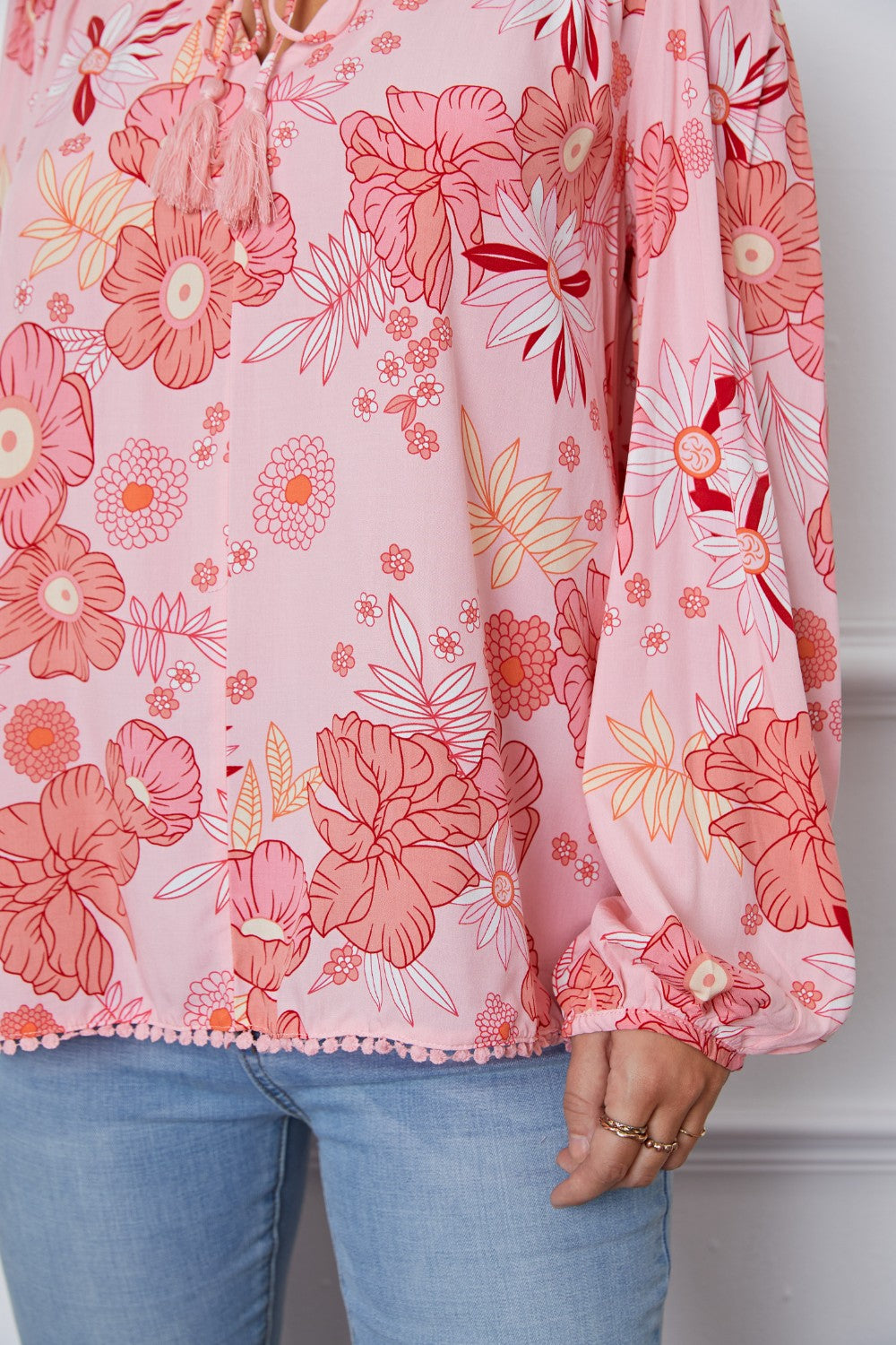 Floral Smocked Tassel Tie Balloon Sleeve Blouse - Classique Collection