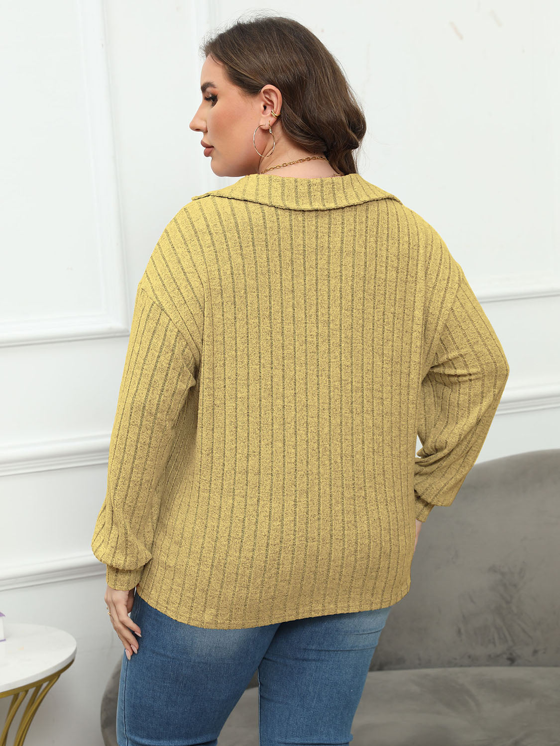 Plus Size Ribbed Collared Neck Long Sleeve Blouse - Classique Collection