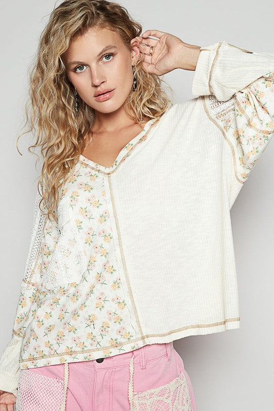 POL Floral Crochet Patch V-Neck Top - Classique Collection