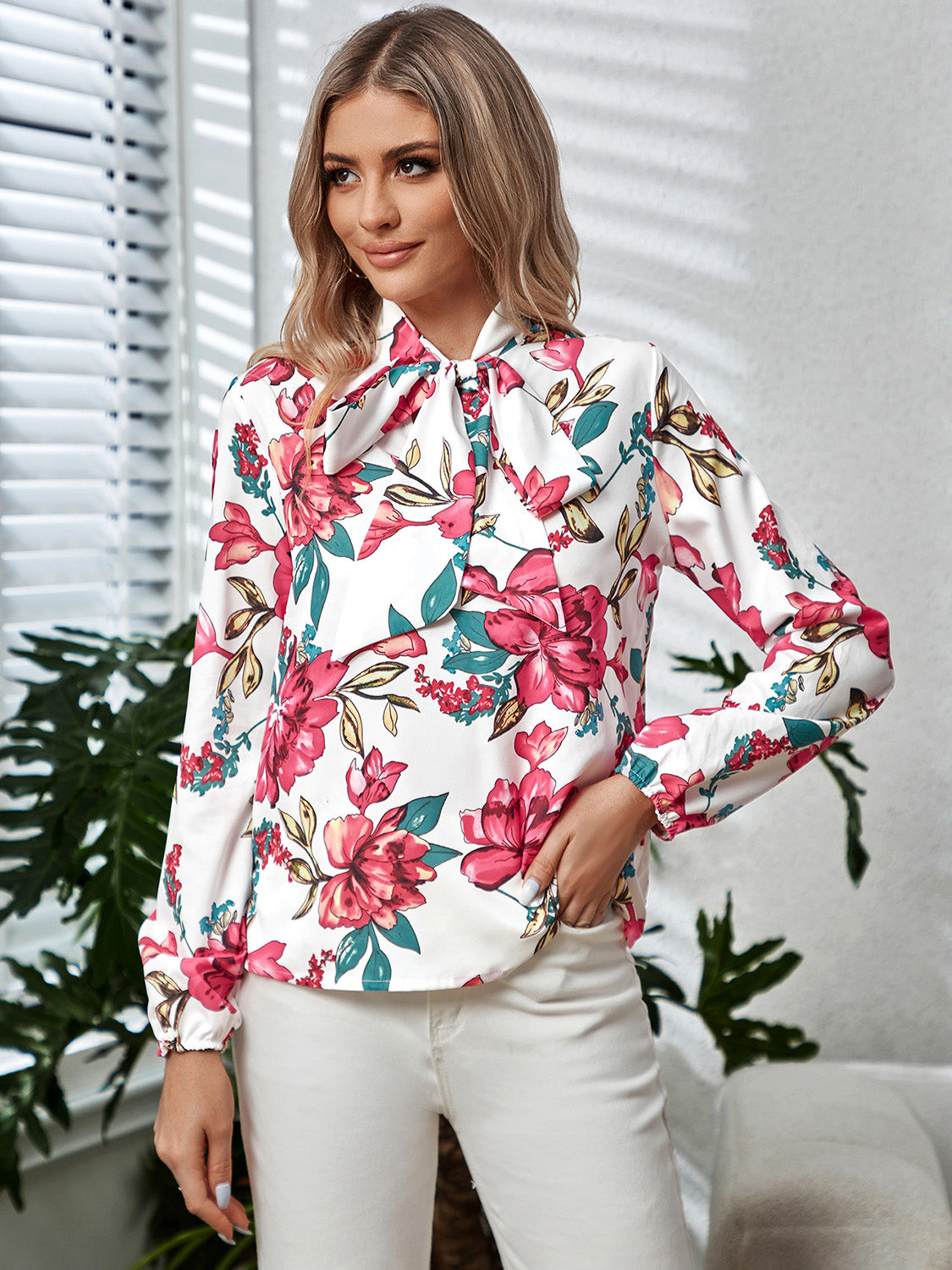 Printed Tie Neck Long Sleeve Blouse - Classique Collection