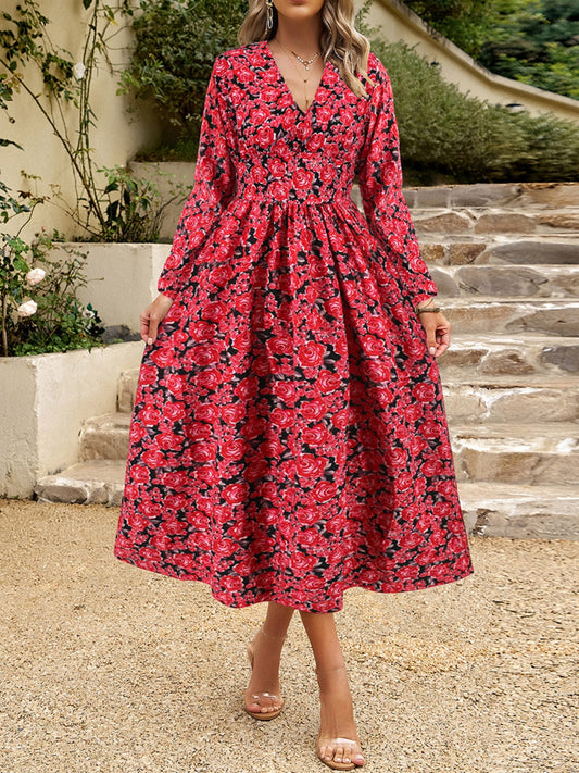 Floral V-Neck Long Sleeve Midi Dress - Classique Collection
