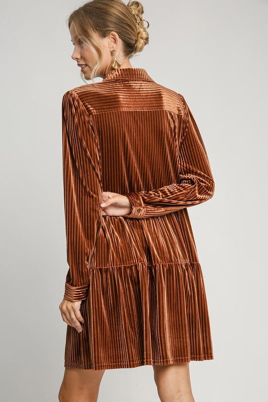 Umgee Texture Tiered Collared Long Sleeve Dress - Classique Collection