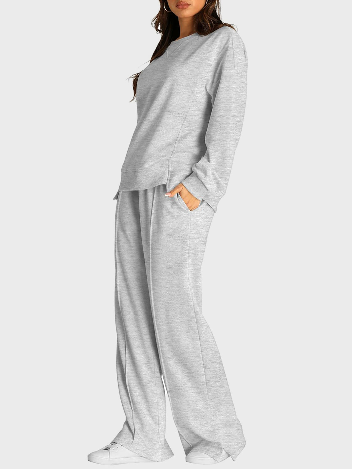 Round Neck Long Sleeve Top and Slit Pants Set - ClassiQ