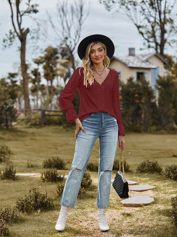 V-Neck Flounce Sleeve Blouse - Classique Collection