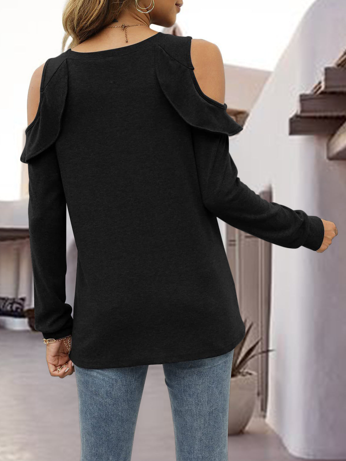 Round Neck Ruffled Cold-Shoulder Blouse - Classique Collection