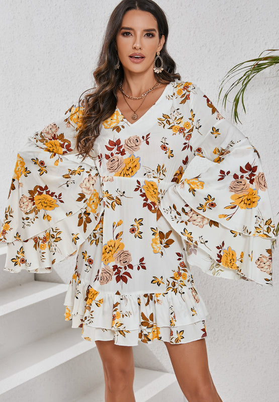 Printed V-Neck Flare Sleeve Mini Dress - Classique Collection
