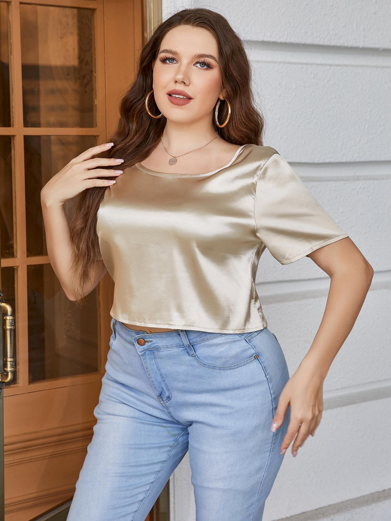 Plus Size Short Sleeve Tie Back Blouse - Classique Collection
