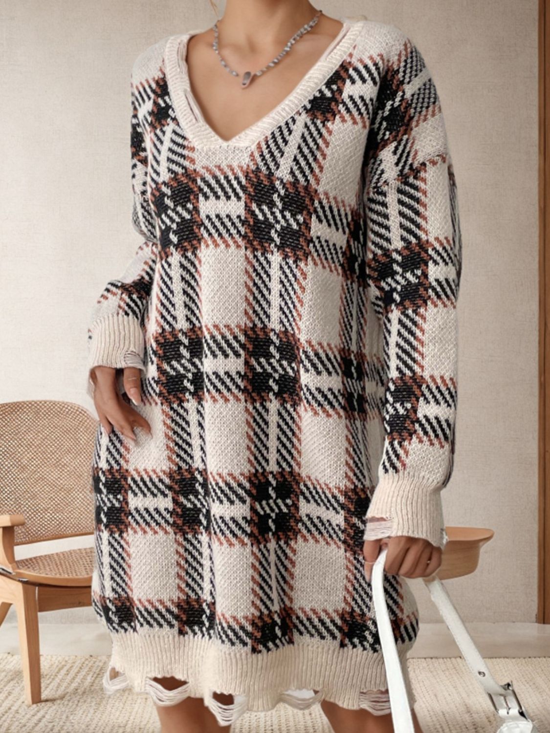 Distressed Plaid V-Neck Long Sleeve Sweater Dress - Classique Collection