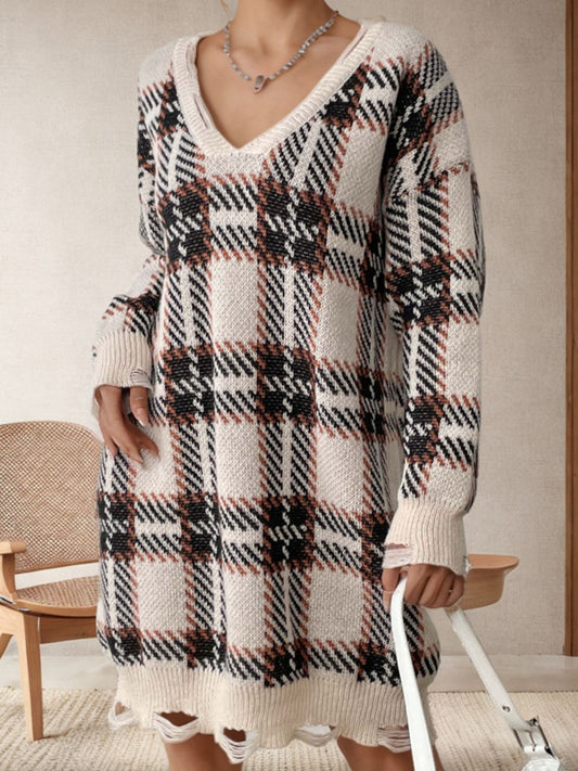 Distressed Plaid V-Neck Long Sleeve Sweater Dress - Classique Collection