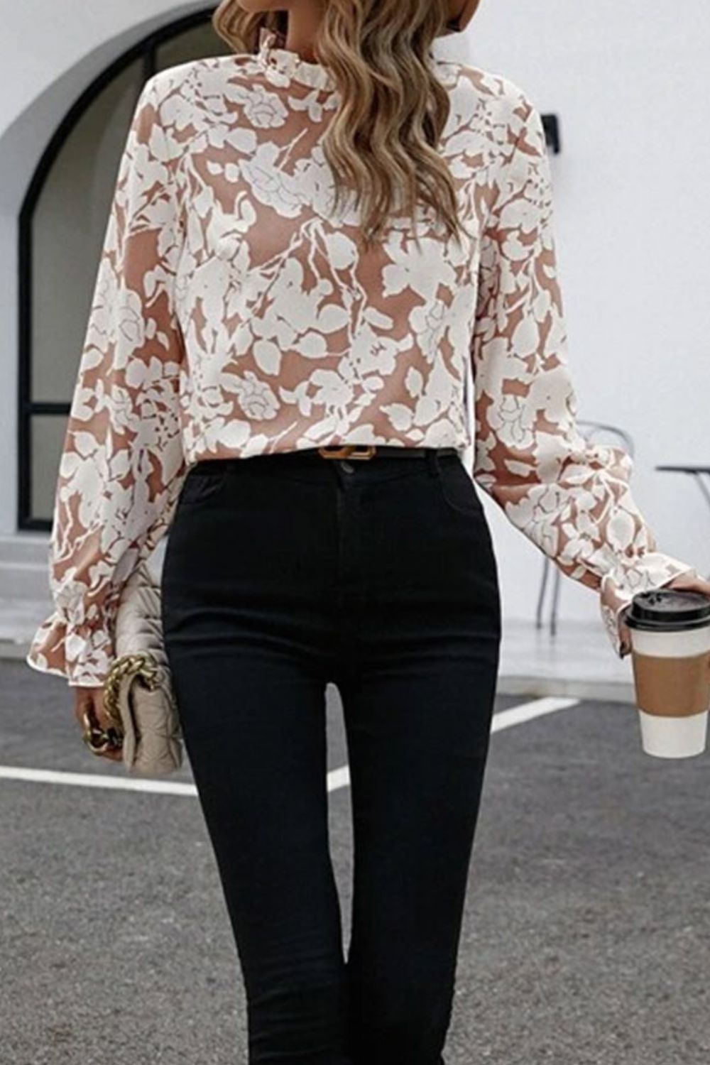 Floral Print Mock Neck Flounce Sleeve Blouse - Classique Collection
