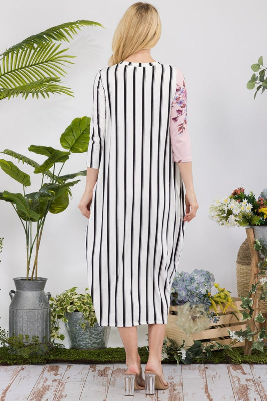Celeste Full Size Floral Striped Contrast Midi-Dress with Pockets - Classique Collection