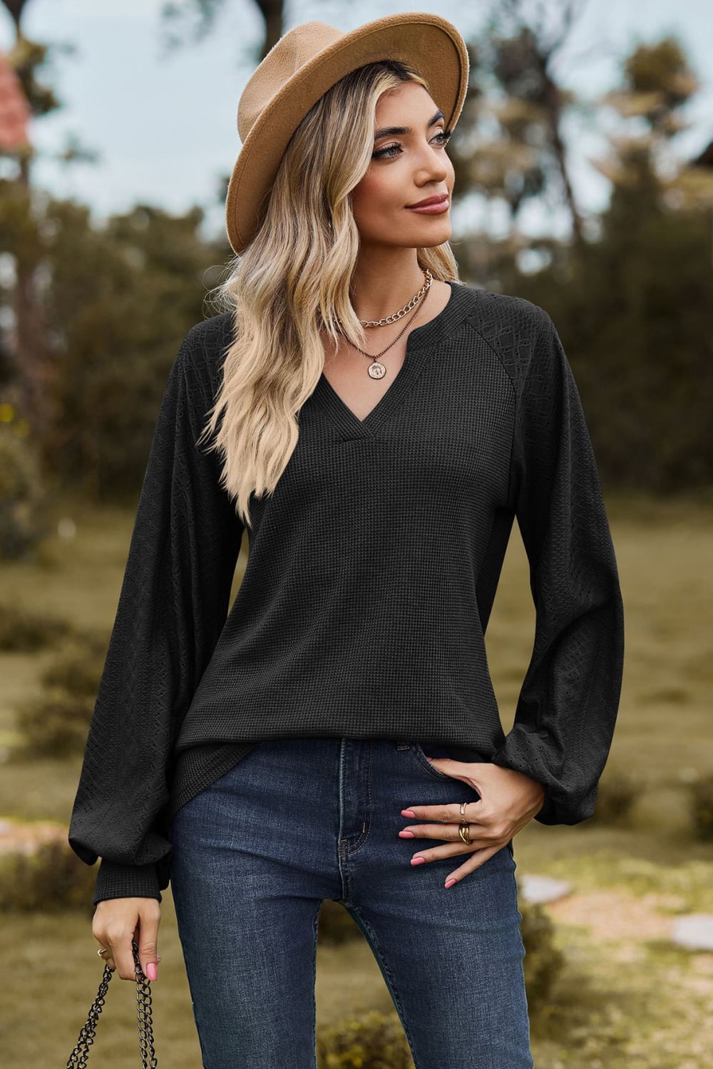 Notched Neck Raglan Sleeve Blouse - Classique Collection