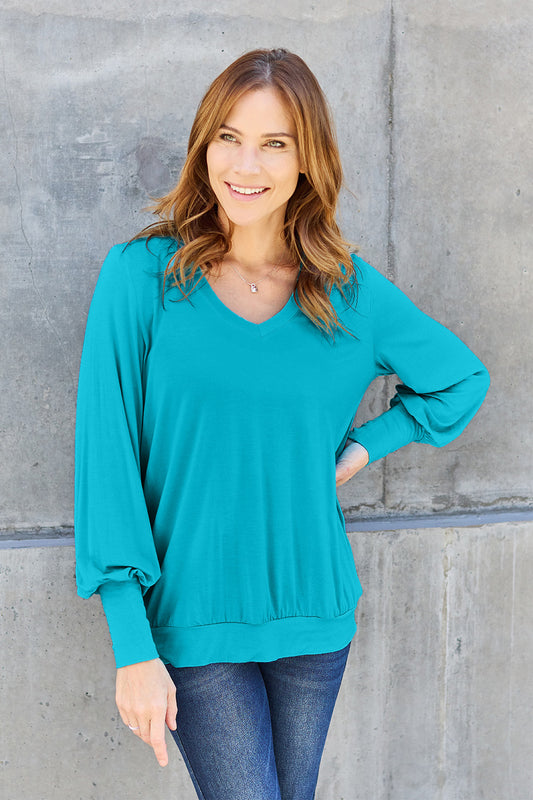 Basic Bae Full Size V-Neck Lantern Sleeve Top - Classique Collection