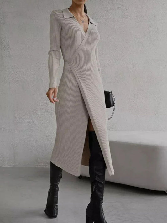Tied Collared Neck Long Sleeve Sweater Dress - Classique Collection