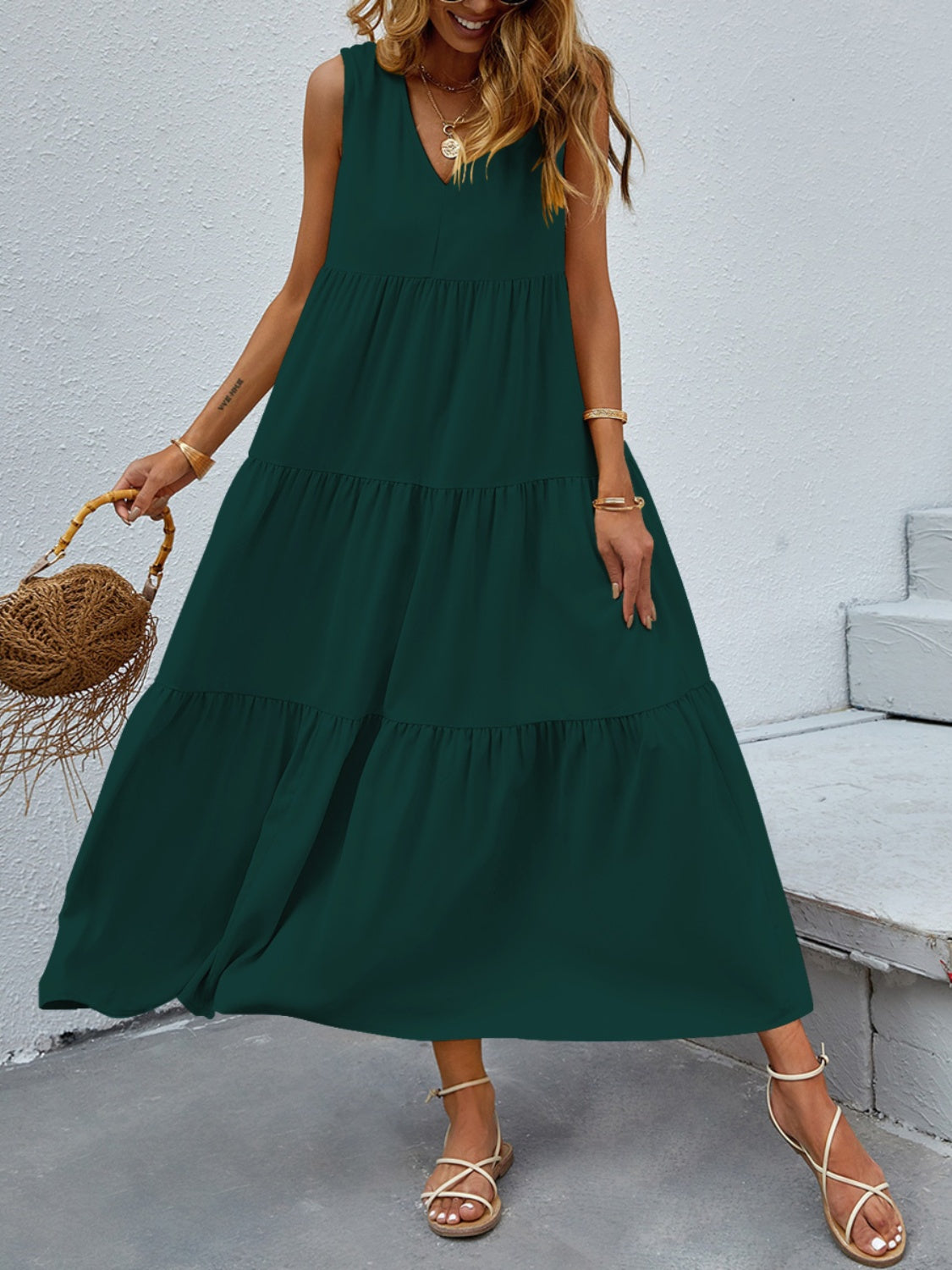 FAM-FAM Tiered V-Neck Sleeveless Dress - Classique Collection