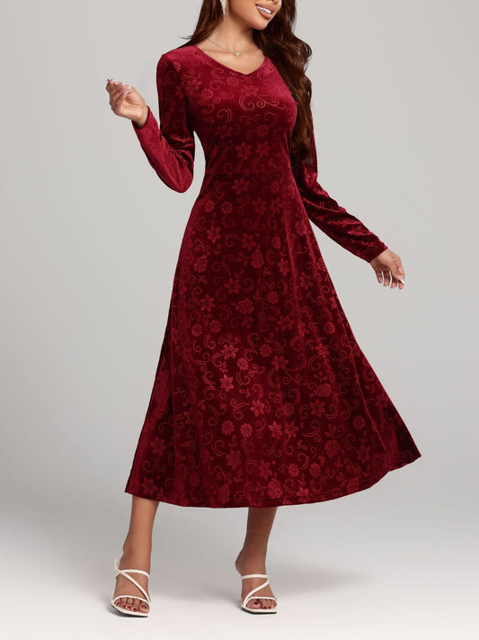 Flower Print V-Neck Long Sleeve Midi Dress - Classique Collection