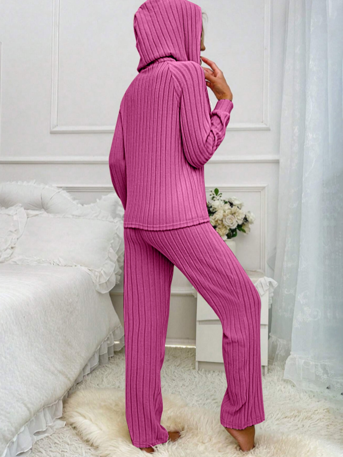 Drawstring Half Button Hooded Top and Ribbed Pants Set - ClassiQ