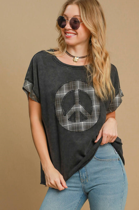 Umgee Peace Applique Round Neck French Terry Top - Classique Collection