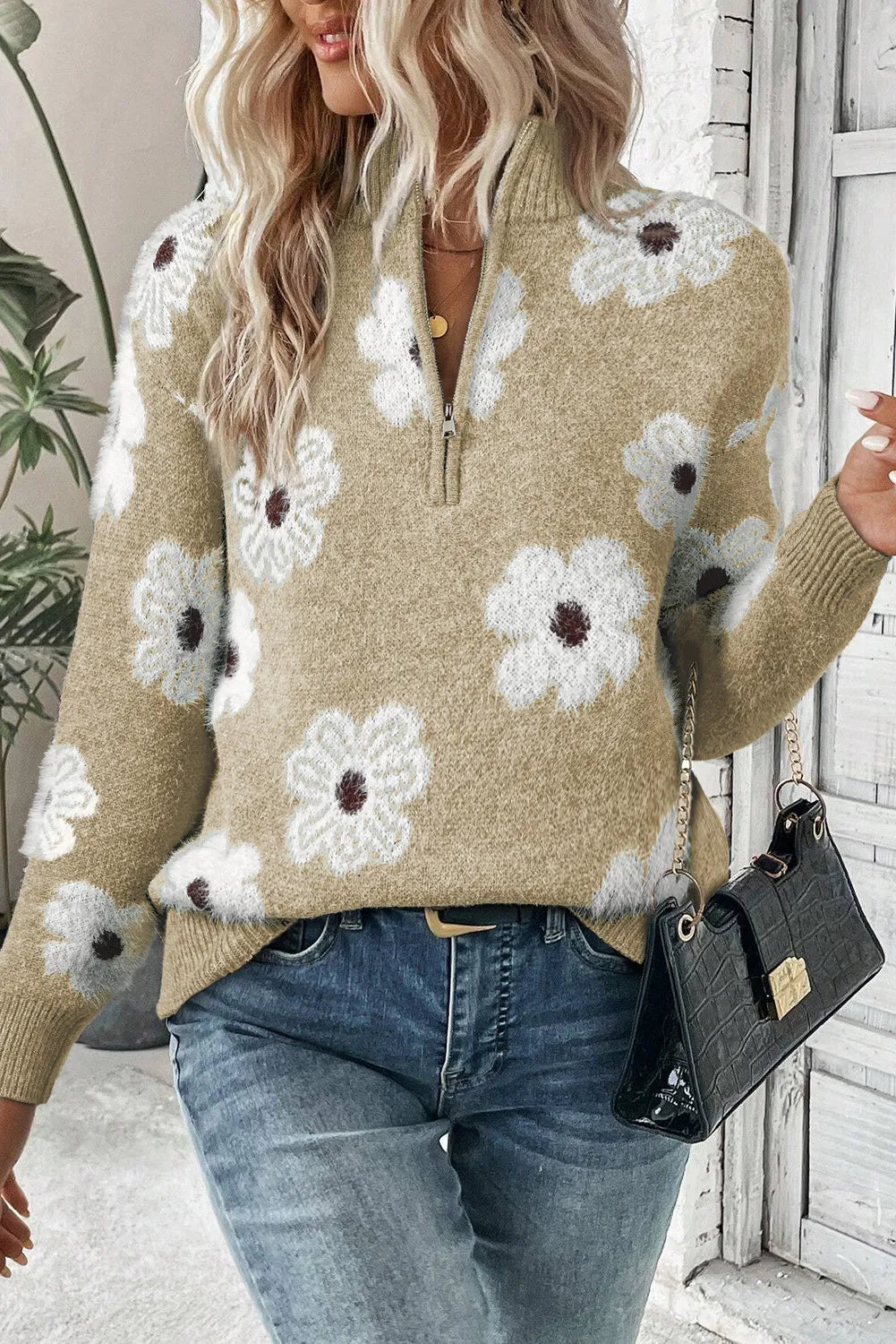 Flower Half Zip Long Sleeve Sweater - ClassiQ