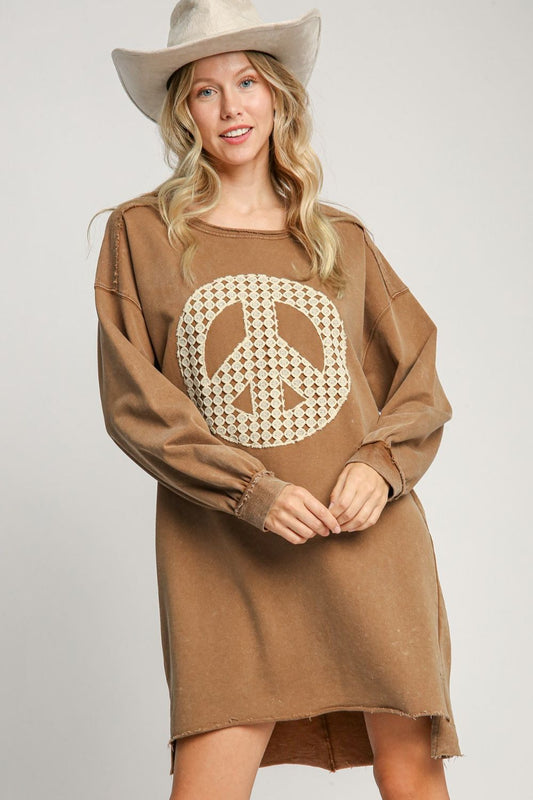 Umgee Peace Lace Applique Frayed Hem French Terry Mini Dress - Classique Collection