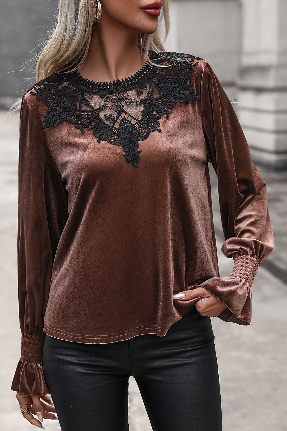 Perfee Lace Detail Round Neck Smocked Flounce Sleeve Blouse - Classique Collection