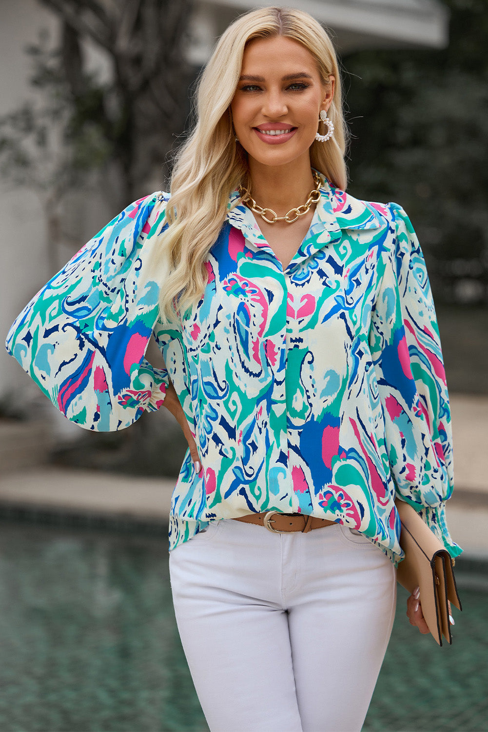 Printed Puff Sleeve Collared Blouse - ClassiQ