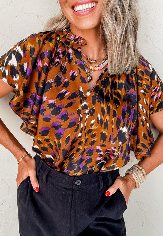 Leopard Notched Short Sleeve Blouse - Classique Collection