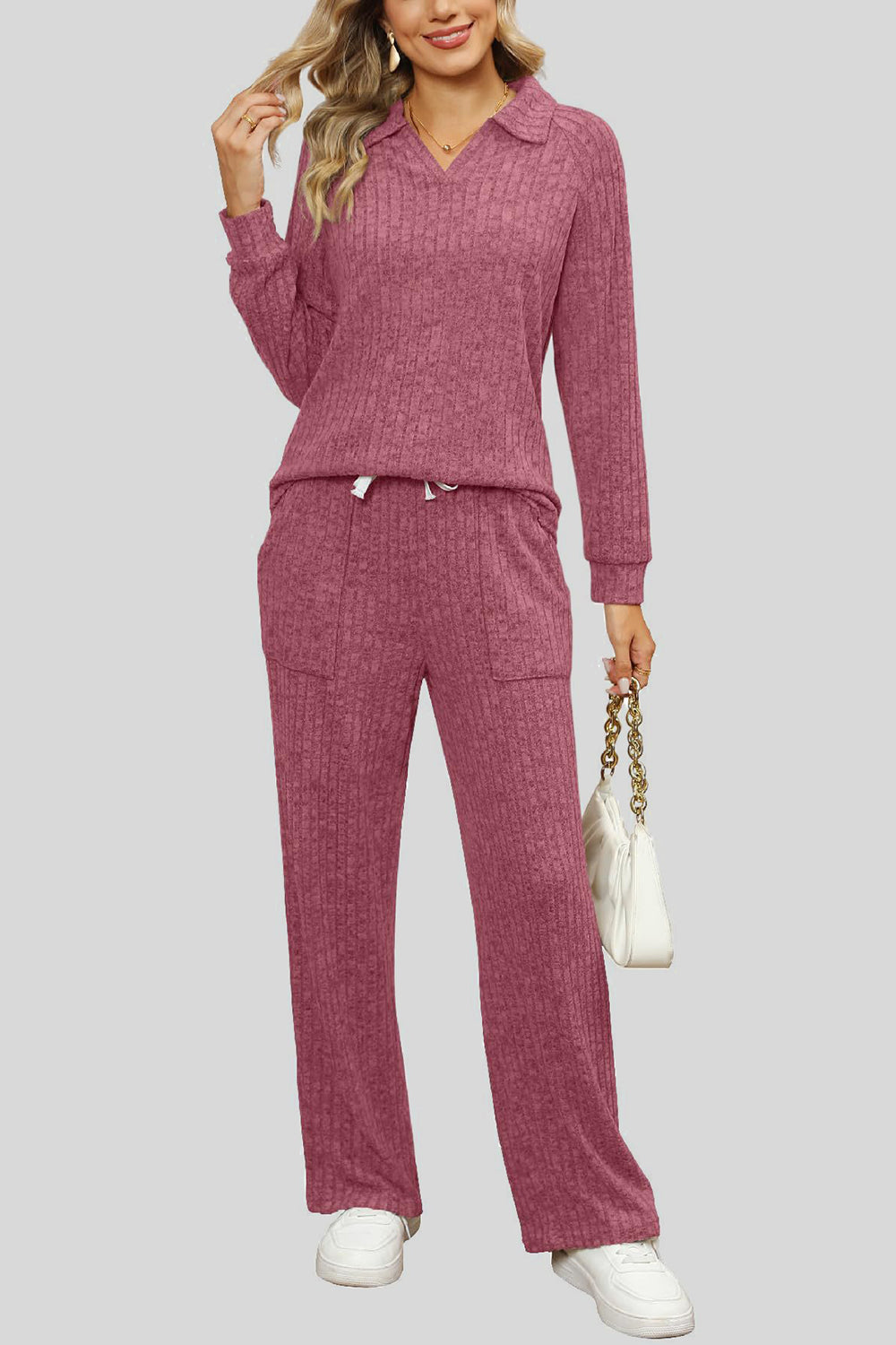 Ribbed Long Sleeve Top and Pocketed Pants Set - ClassiQ