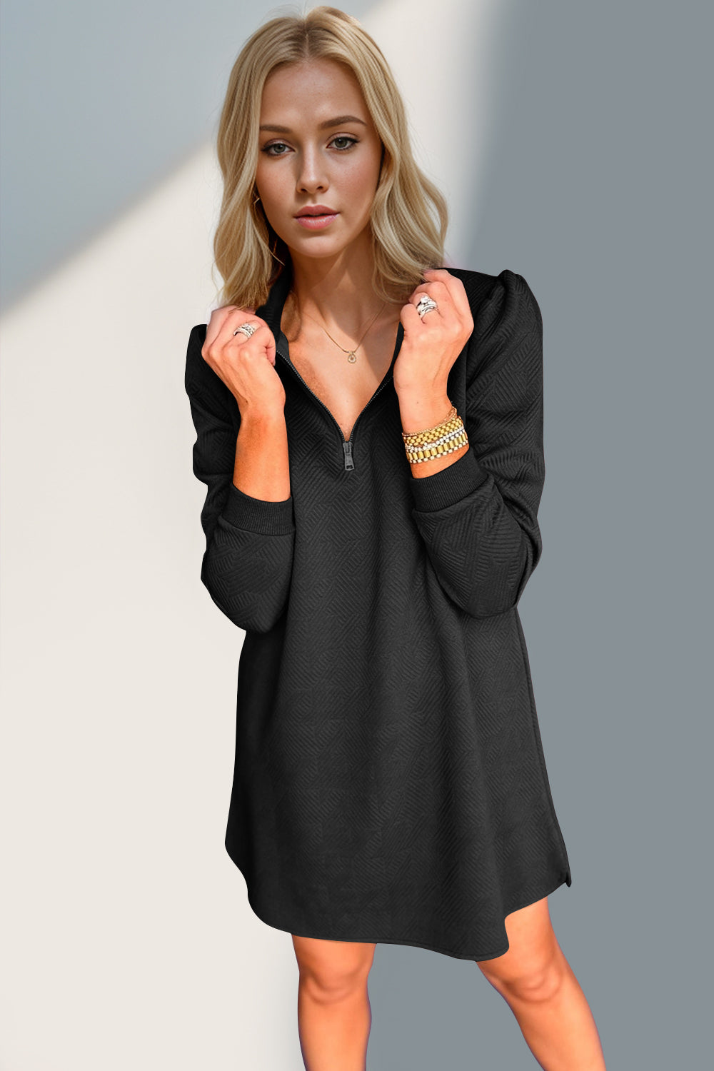 Double Take Textured Quarter Zip Long Sleeve Dress - Classique Collection