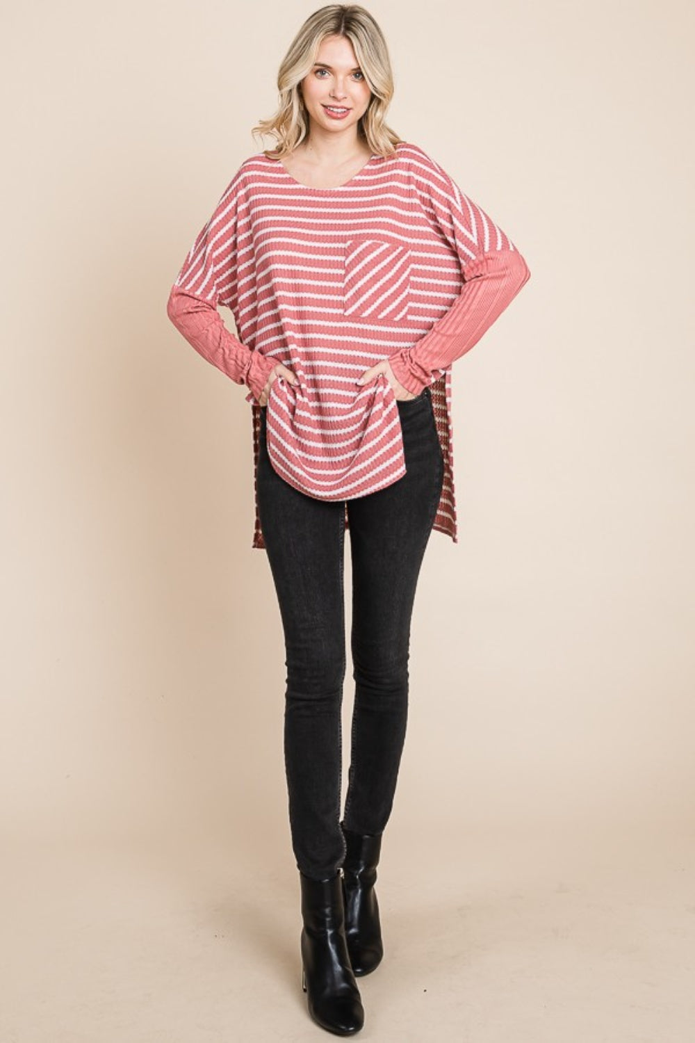 Culture Code Oversize Striped Round Neck Long Sleeve Slit T-Shirt - Classique Collection