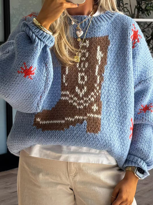Boot Pattern Round Neck Dropped Shoulder Sweater - ClassiQ