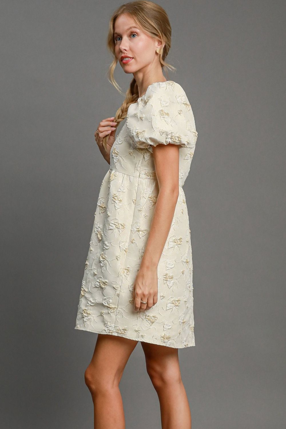 Umgee Heart Jacquard Square Neck Puff Sleeve Mini Dress - Classique Collection