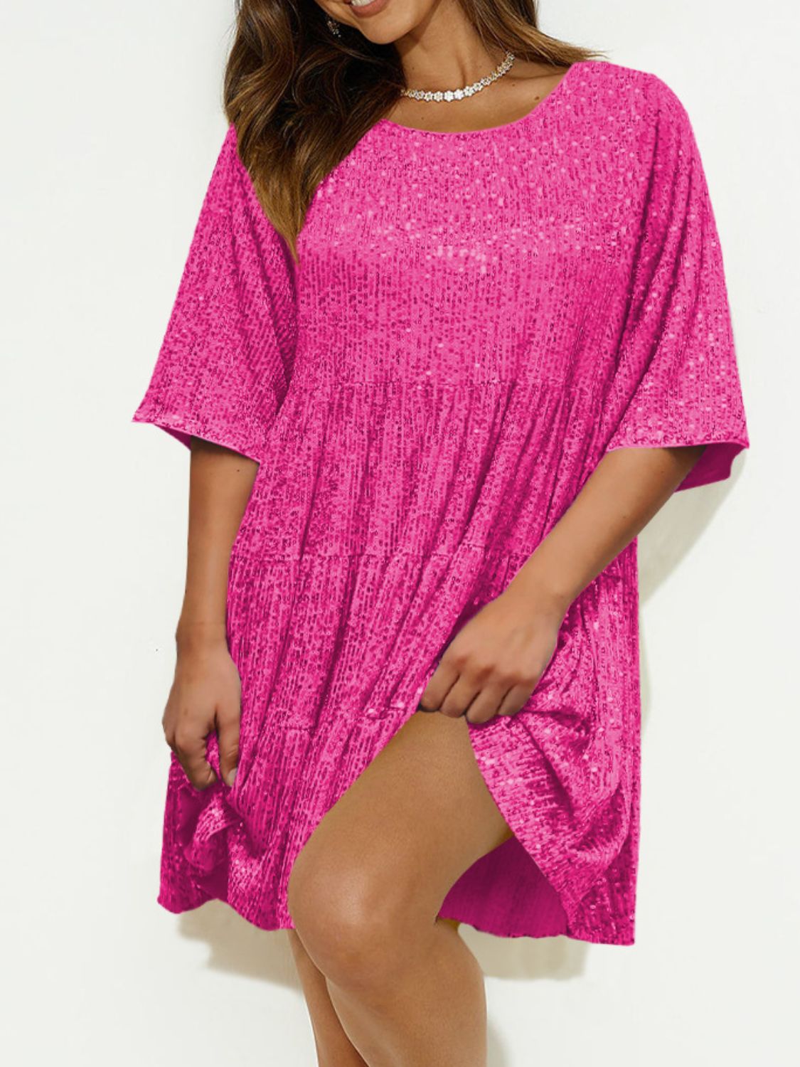 Sequin Round Neck Half Sleeve Mini Dress - Classique Collection