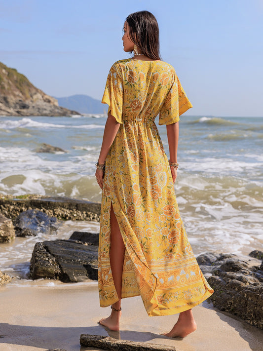 Drawstring Printed Plunge Half Sleeve Dress - Classique Collection