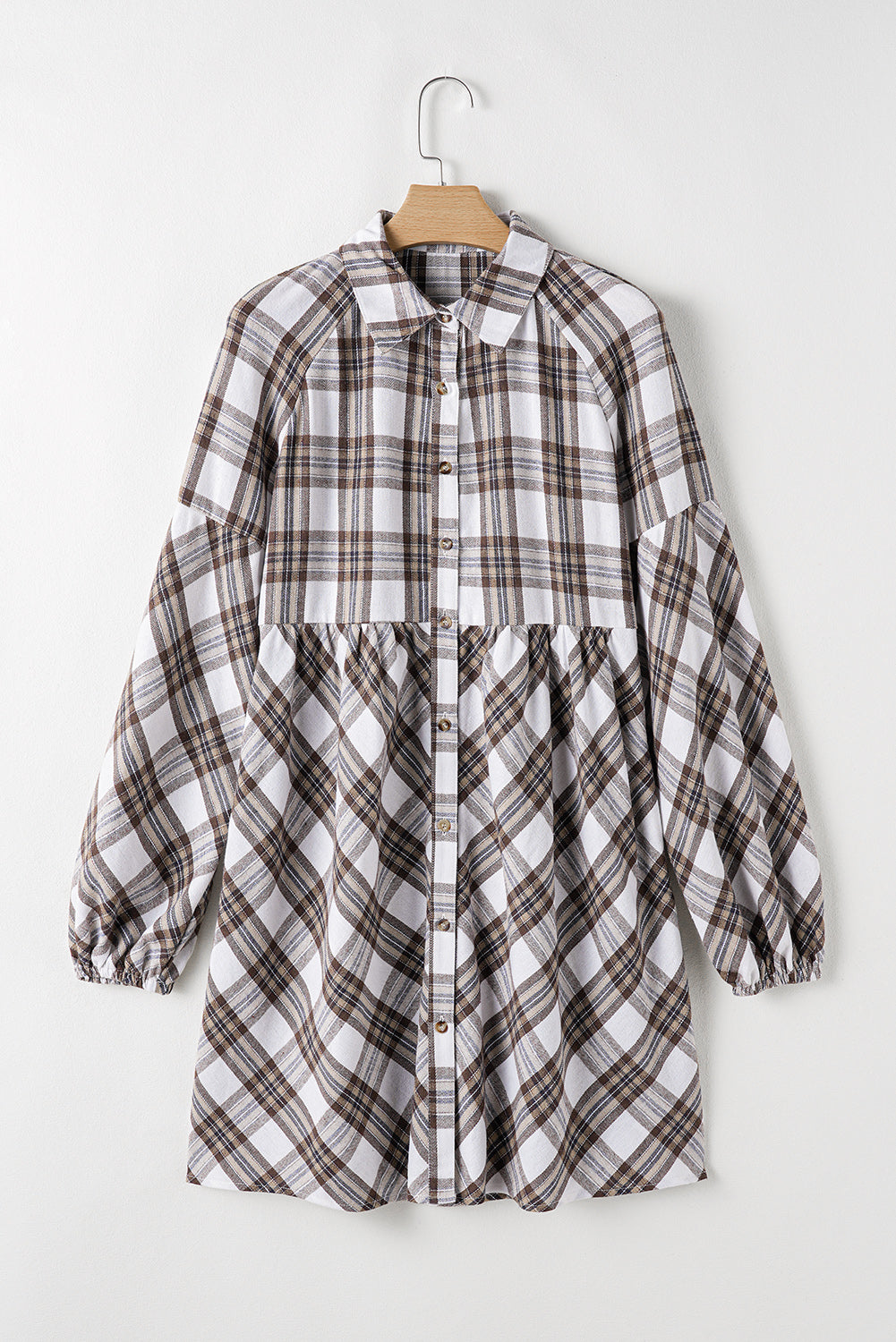 Full Size Plaid Collared Neck Balloon Sleeve Mini Shirt Dress - Classique Collection