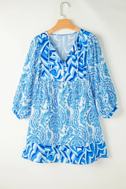 Printed Tie Neck Long Sleeve Mini Dress - Classique Collection