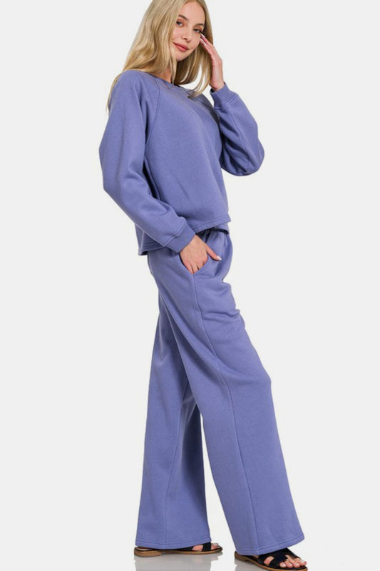 Zenana Round Neck Raglan Sleeve Top and Elastic Waist Pants Set - ClassiQ