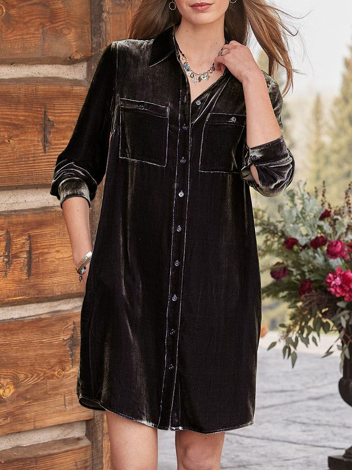 High-Low Button Up Long Sleeve Knee Length Dress - Classique Collection