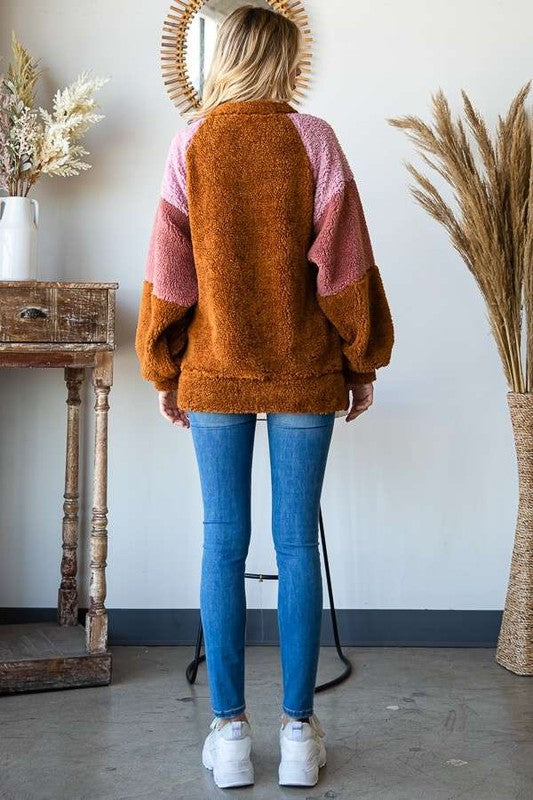 Culture Code Color Block Faux Fur Raglan Sleeve Sweatshirt - Classique Collection