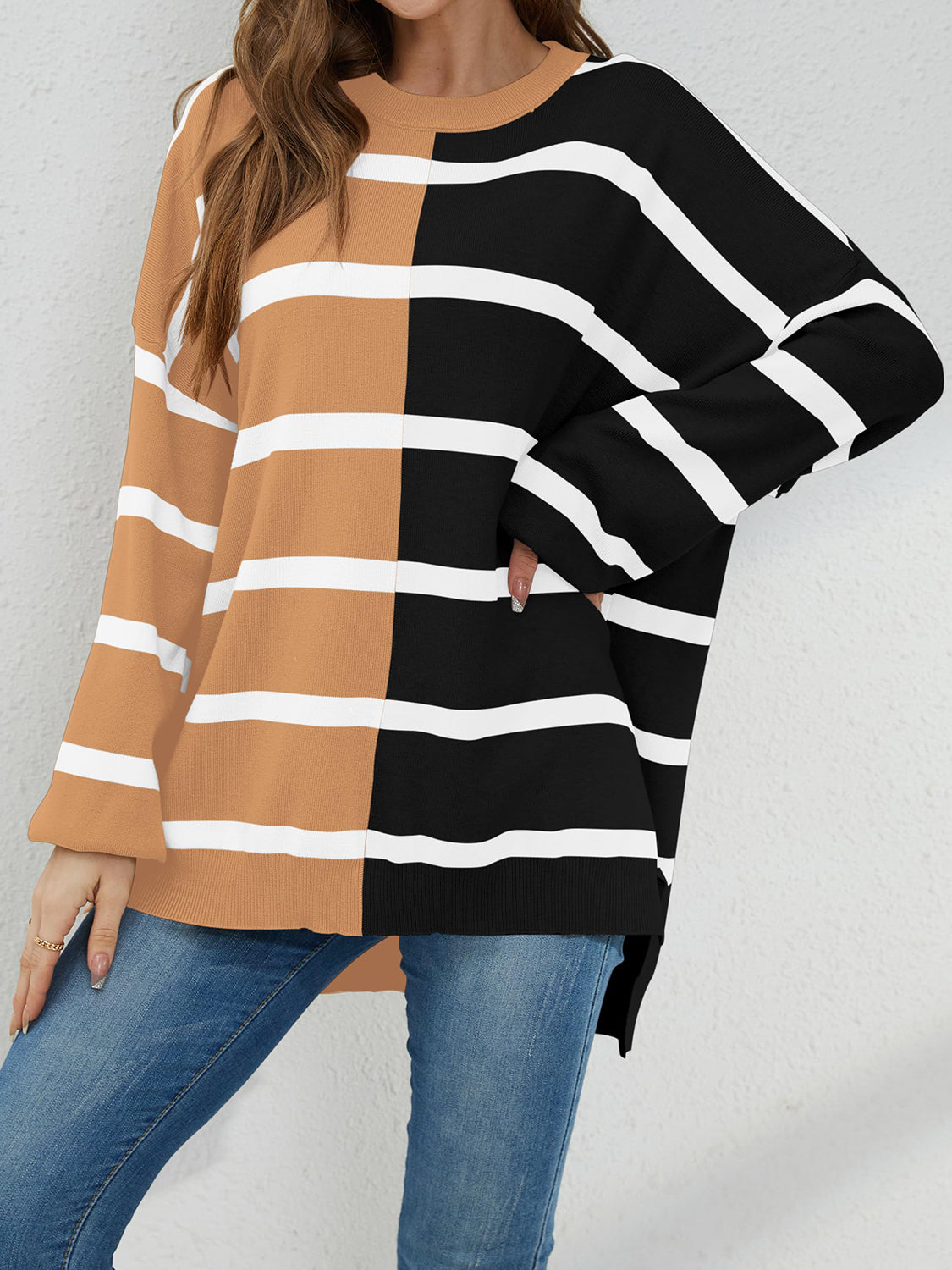 Striped Round Neck Long Sleeve Sweater - ClassiQ