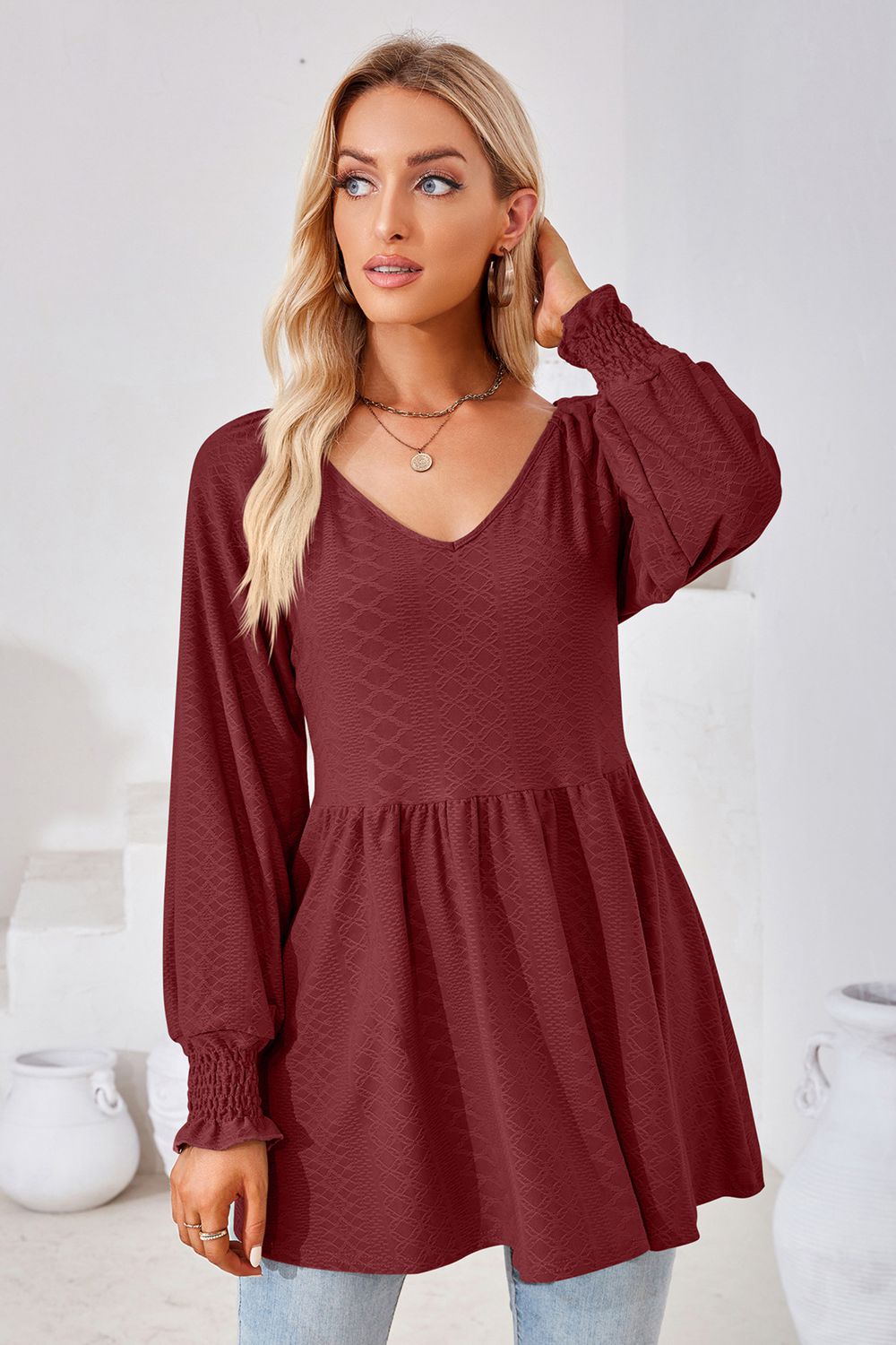 V-Neck Lantern Sleeve Blouse - Classique Collection