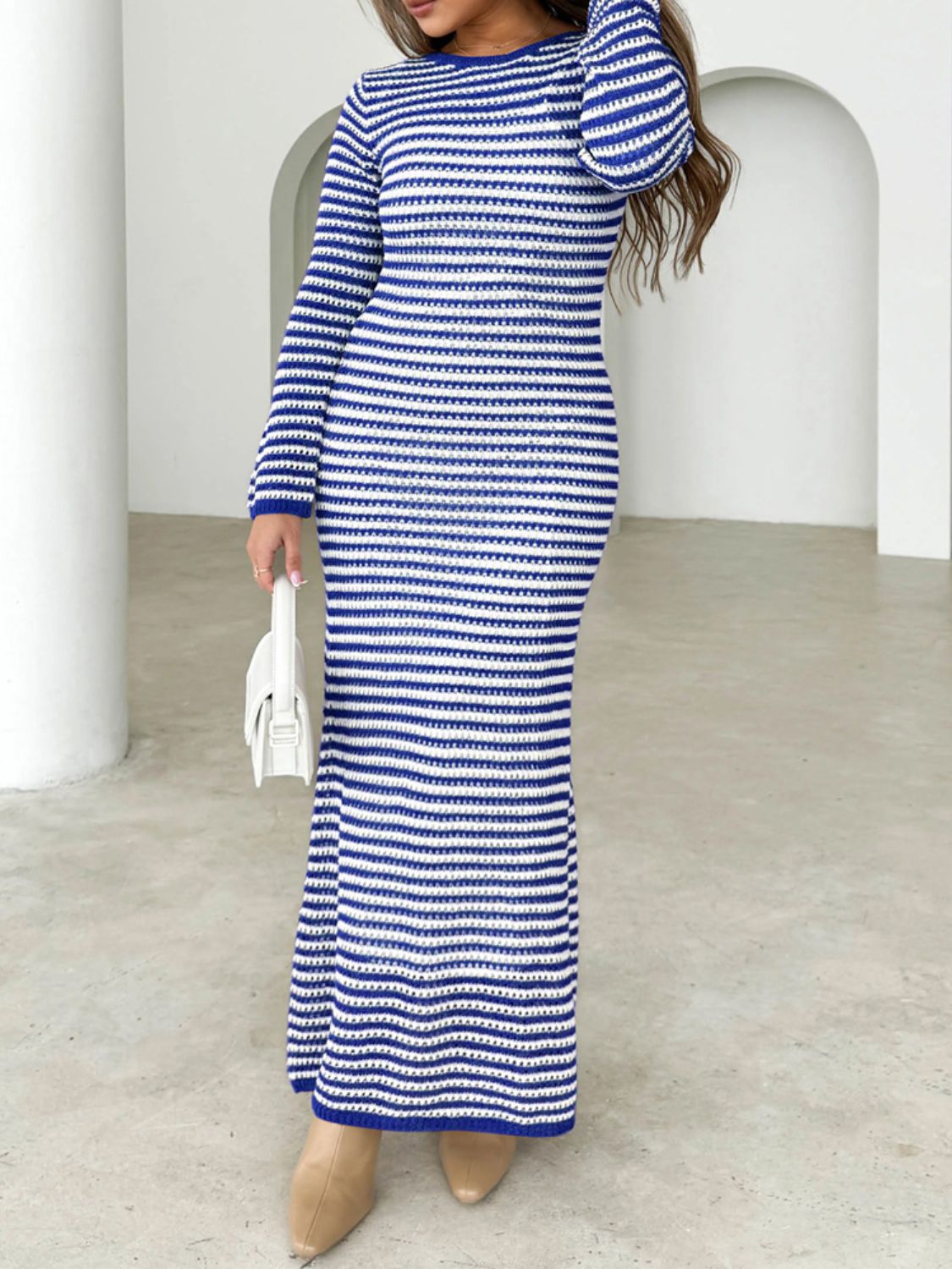 Devine Tied Round Neck Striped Sweater Dress - Classique Collection