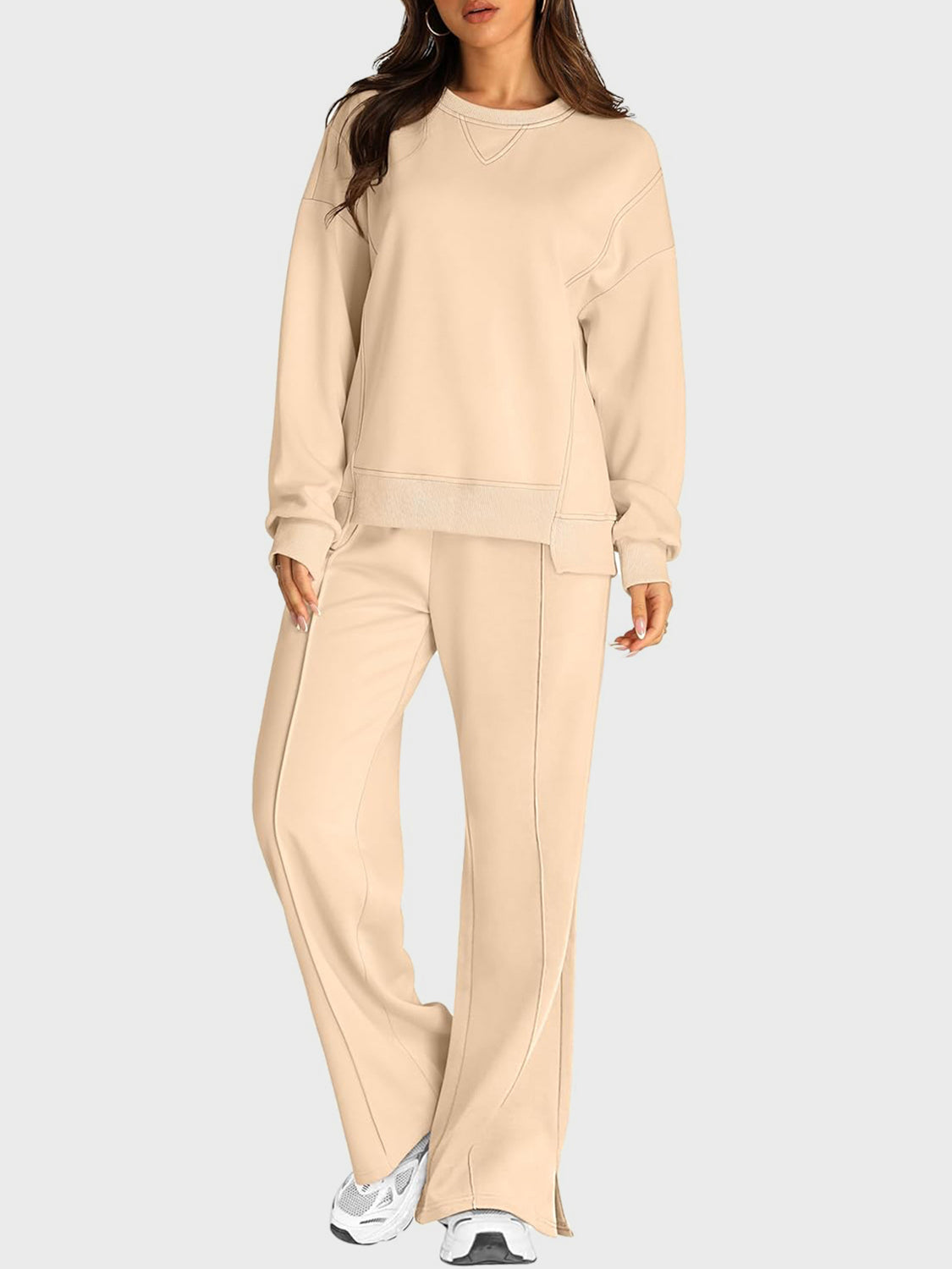 Round Neck Long Sleeve Top and Slit Pants Set - ClassiQ