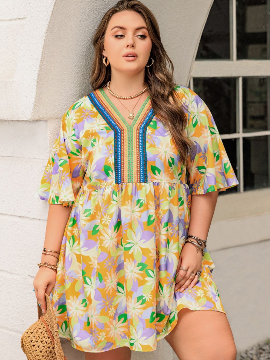 Plus Size Printed V-Neck Half Sleeve Mini Dress - Classique Collection
